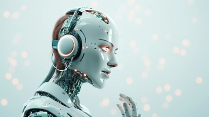 Cyborg woman robot on light bokeh background with copy space. Science, technology, robot human assistant, Ai Artificial Intelligence technology .