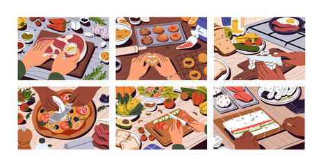 Cooking processes set. Hands cook meat, pizza, sushi top view. People baking cookies, prepare food, cut vegetable on board, grate cheese. Delicious dishes, tasty meals. Flat vector illustrations