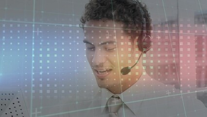 Poster - Animation of square gradient pattern against biracial man talking on phone headset at office