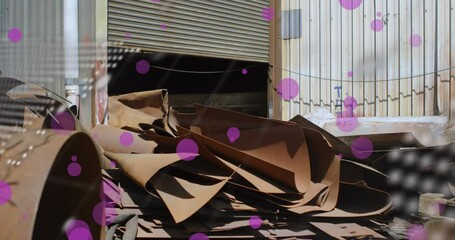 Poster - Animation of world map and data processing against close up view of scrap metal at junkyard