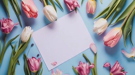 Wall Mural - top view of pink and white tulips and blank card on blue background
