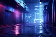 © Ava - A grimy urban street, futuristic blue neon, stage backdrop, empty exhibit area, spotlight. Generative AI