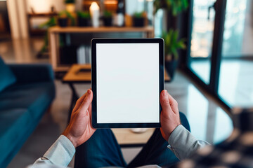 A businessman holds a mockup. iPad digital tablet with blank screen Mockup replaces your design mockup in the office