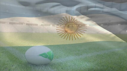 Poster - Animation of waving flag of argentina over stadium with rugby ball