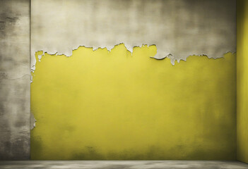 Sticker - Toned painted old concrete wall with plaster. Yellow green color vintage texture background. Olive shade. Close-up. Rough brush strokes. Grungy, grainy, uneven surface. Empty.