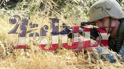 Poster - Animation of text of 4th july over caucasian male soldier with weapon