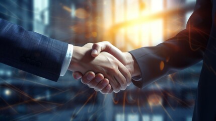 Aufkleber - Close-up of two successful businessmen greeting, shaking hands after negotiations against the background of a business center in the city.