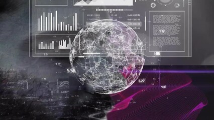 Poster - Animation of data processing and globe on black background