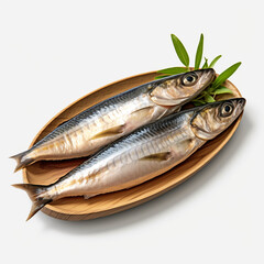 fresh raw two mackerel fish on a bamboo plate with transparent background created with Generative Ai