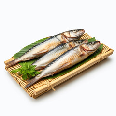 fresh raw two mackerel fish on a bamboo plate with transparent background created with Generative Ai