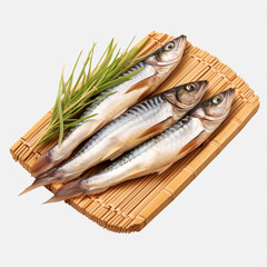 fresh raw two mackerel fish on a bamboo plate with transparent background created with Generative Ai