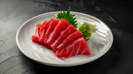 isolated,Tuna Sashimi on black plate,blank space for text 3 parts,blue background,black light blue white green blue black plate,World Tuna Day, Tuna Conservation, 2 May, Tuna,banner