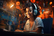 an African American girl who is wearing headphones and working in a call center, generative AI