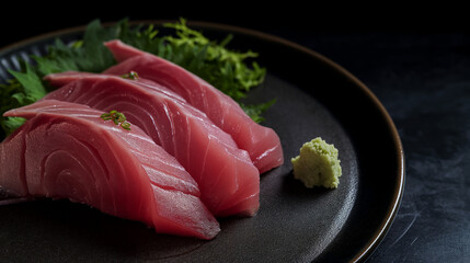 isolated,Tuna Sashimi on black plate,blank space for text 3 parts,blue background,black light blue white green blue black plate,World Tuna Day, Tuna Conservation, 2 May, Tuna,banner