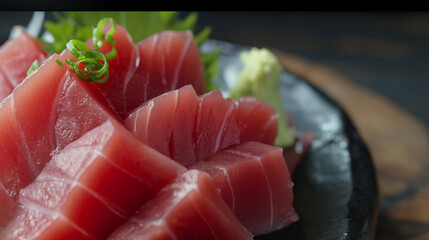 isolated,Tuna Sashimi on black plate,blank space for text 3 parts,blue background,black light blue white green blue black plate,World Tuna Day, Tuna Conservation, 2 May, Tuna,banner