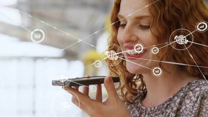 Poster - Animation of network of connections over caucasian woman talking on smartphone