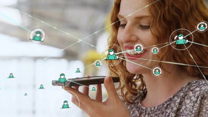 Poster - Animation of network of connections over caucasian woman talking on smartphone
