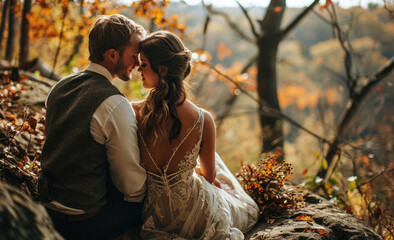 Wall Mural - couple kissing in autumn park. bride and groom