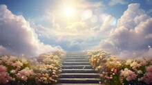 Ascend A Celestial Staircase To The Heavens, Surrounded By Billowing Clouds And Adorned With Ethereal Flowers—a Poetic Journey To The Heights Of Serenity. Seamless 4K Footage