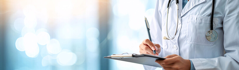 A medical doctor in professional attire reviewing patient information on a clipboard in a modern healthcare facility.
