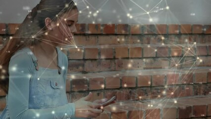 Poster - Animation of network of connections over caucasian woman talking on smartphone