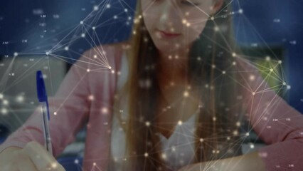 Poster - animation of network of connections over caucasian schoolgirl writing