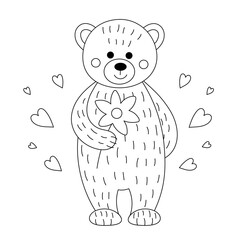 Wall Mural - Teddy bear with flowers. Illustration for Valentine's day. Linear drawing for coloring.