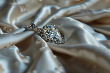 Poster - A stunning diamond necklace is elegantly displayed on top of a smooth satin fabric. This image can be used to showcase luxury, jewelry, fashion, elegance, and sophistication