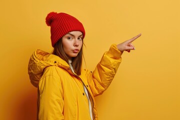 Aufkleber - A woman wearing a yellow jacket and a red hat points at something. This image can be used to convey pointing, direction, or emphasis in various contexts