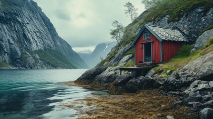 Wall Mural - A picturesque red cabin situated on the side of a mountain, overlooking a serene body of water. Ideal for travel and nature-themed projects