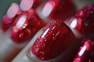 Poster - A close-up view of a person's nails adorned with red glitter. Perfect for adding a touch of glamour and sparkle to any fashion or beauty-related project