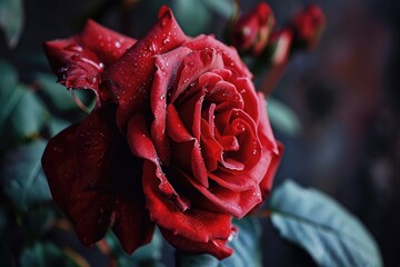 Poster - A detailed close-up of a red rose covered in sparkling water droplets. Perfect for adding a touch of elegance and romance to any project or design