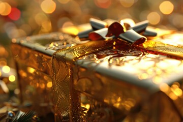 Poster - A gold gift box with a bow on top. Perfect for special occasions and celebrations