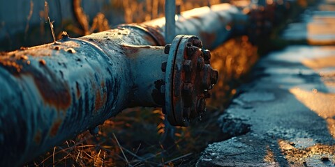Poster - A weathered and rusty pipe lying on the side of a road. Perfect for industrial and urban-themed projects