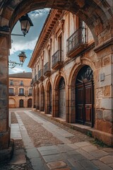 Poster - An archway leading to a building with a clock on it. Suitable for architectural and historical concepts