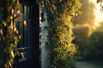 Poster - A detailed close-up view of a door with a plant decoration. This image can be used to add a touch of nature and elegance to various design projects