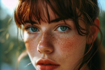 Poster - A close up shot of a woman with freckles on her face. Perfect for beauty, skincare, and natural look concepts