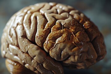 Poster - A detailed close-up view of a human brain resting on a table. This image can be used to depict medical research, neuroscience, or educational purposes