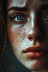 Poster - A detailed shot of a woman's face showcasing her unique freckles. This image can be used to celebrate natural beauty or promote skincare products