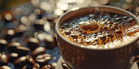 Poster - A cup of coffee with steam rising out of it. Perfect for illustrating a cozy morning ritual or the start of a productive day