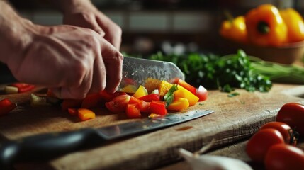 Poster - A person is seen cutting vegetables on a cutting board. This image can be used to depict cooking, healthy eating, or meal preparation