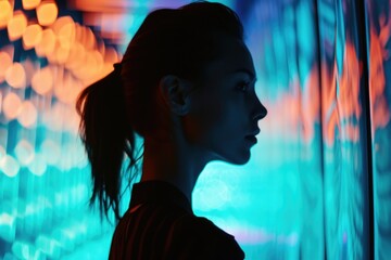 Poster - A woman standing in front of a wall of lights. Perfect for adding a touch of elegance and glamour to any project