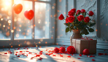 Gift Box, Red Roses In Vase, Baloons Heart In White Minimalistic Empty Room. Copy Space. Concept Of Valentine's Day, Love, Birthday, Relationships, Romantic