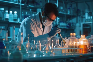 Aufkleber - A man in a lab coat is using a cell phone. Suitable for scientific research, technology, and communication themes