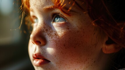 Aufkleber - A close-up view of a child with freckles on her face. Perfect for capturing the innocence and beauty of childhood.