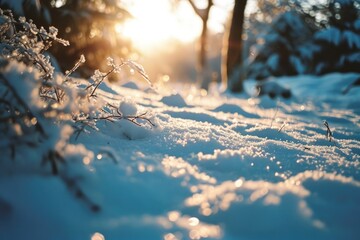 Poster - Sunlight filtering through snow-covered ground. Perfect for winter landscapes and nature scenes