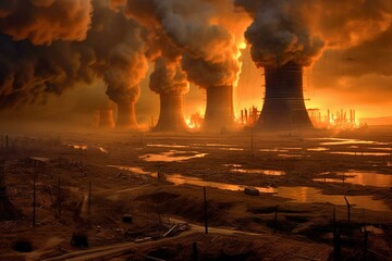 Apocalyptic event: nuclear accident causing overheated cooling towers. Generative AI