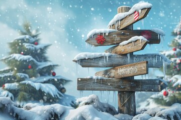 Poster - A wooden sign covered in snow next to a Christmas tree. Perfect for holiday-themed designs and winter promotions