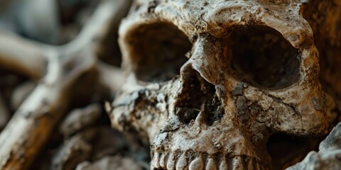 Poster - A detailed close up of a human skull resting on a pile of sticks. Suitable for dark and eerie themes or Halloween-related projects