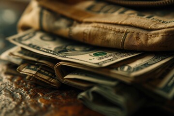 Poster - A pile of money sitting on top of a wooden table. Suitable for financial concepts or business themes